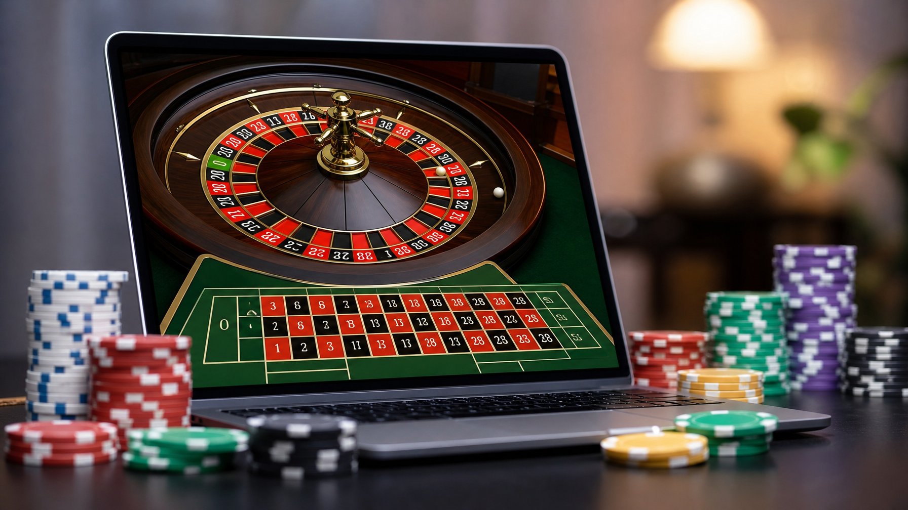 Sebuah perangkat digital menampilkan permainan roulette online dengan roda roulette berwarna merah, hitam, dan hijau, dikelilingi oleh chip taruhan berwarna-warni.