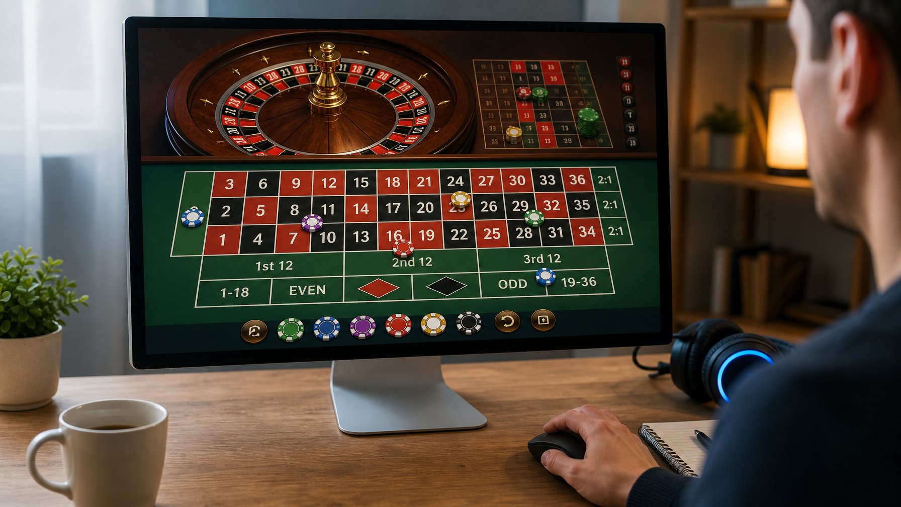 Tampilan layar komputer dengan permainan roulette online, menunjukkan meja taruhan dan tangan yang sedang memilih taruhan.