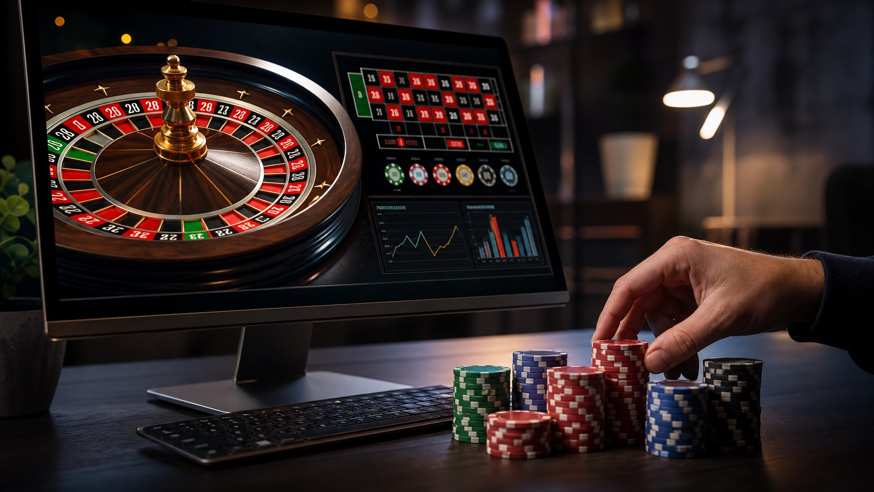 Sebuah meja roulette online yang ditampilkan di layar komputer dengan roda roulette berputar dan tangan seseorang sedang mengatur chip taruhan.