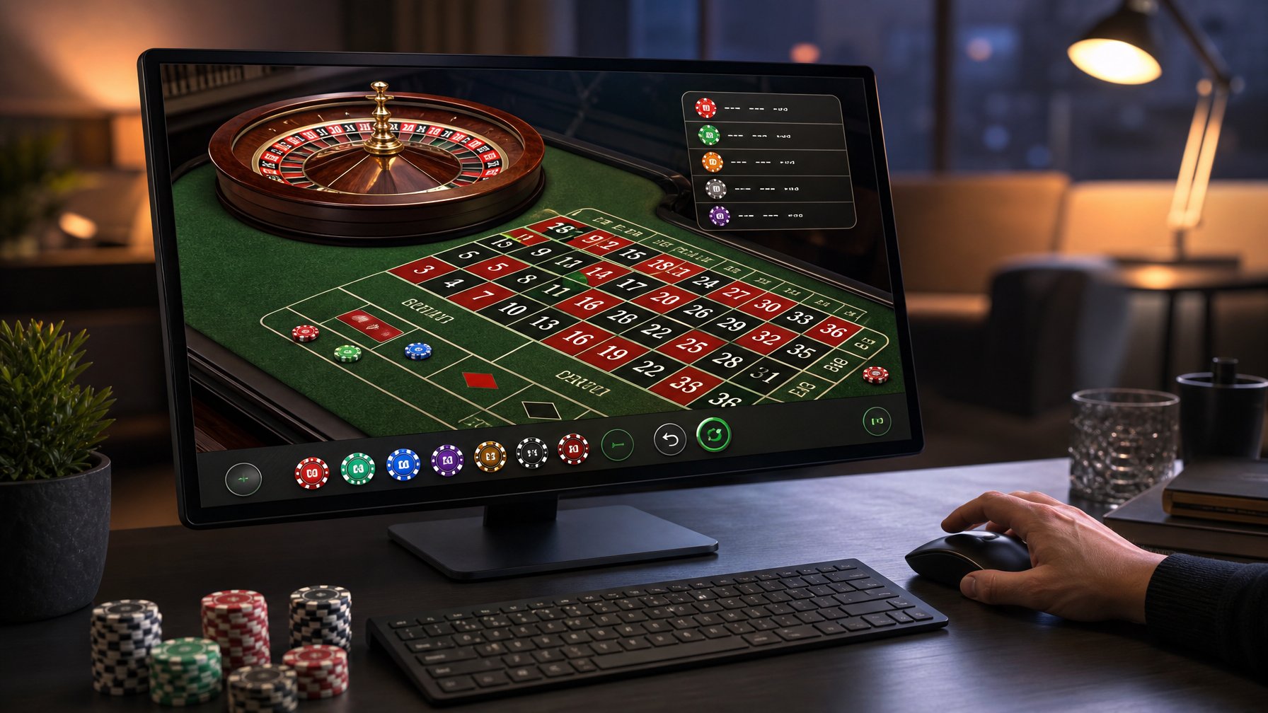 Sebuah layar komputer menampilkan meja roulette online dengan batas taruhan, di sebuah ruangan yang terang dan modern dengan tangan seseorang siap menggunakan mouse.