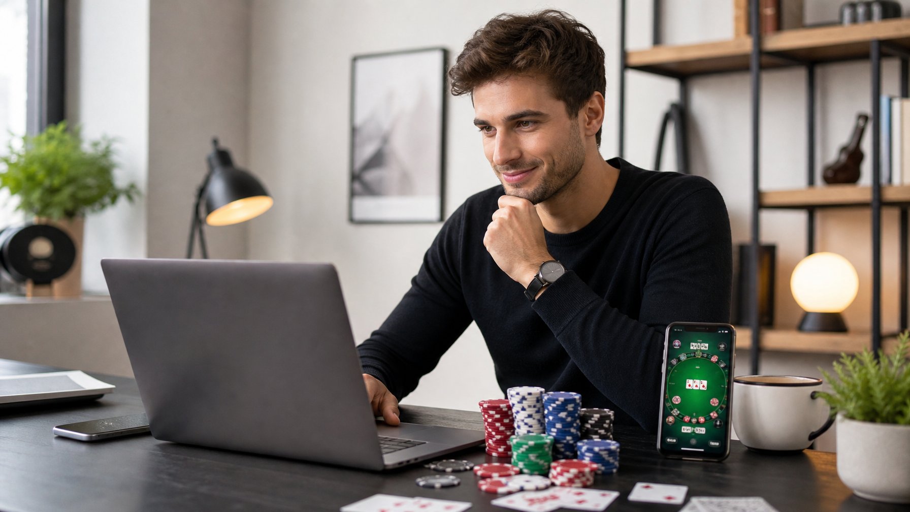 Orang muda duduk di meja dengan laptop, kartu poker, dan chip poker, fokus bermain poker online.