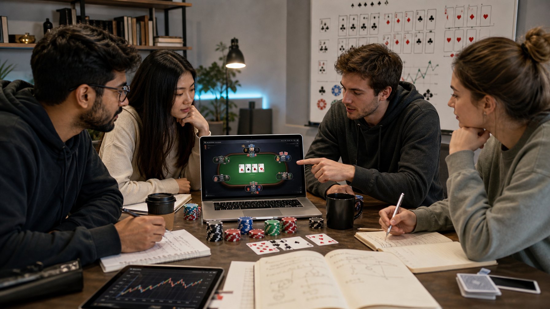Seorang kelompok muda belajar bermain poker online dengan laptop, kartu remi, dan chip poker di atas meja.