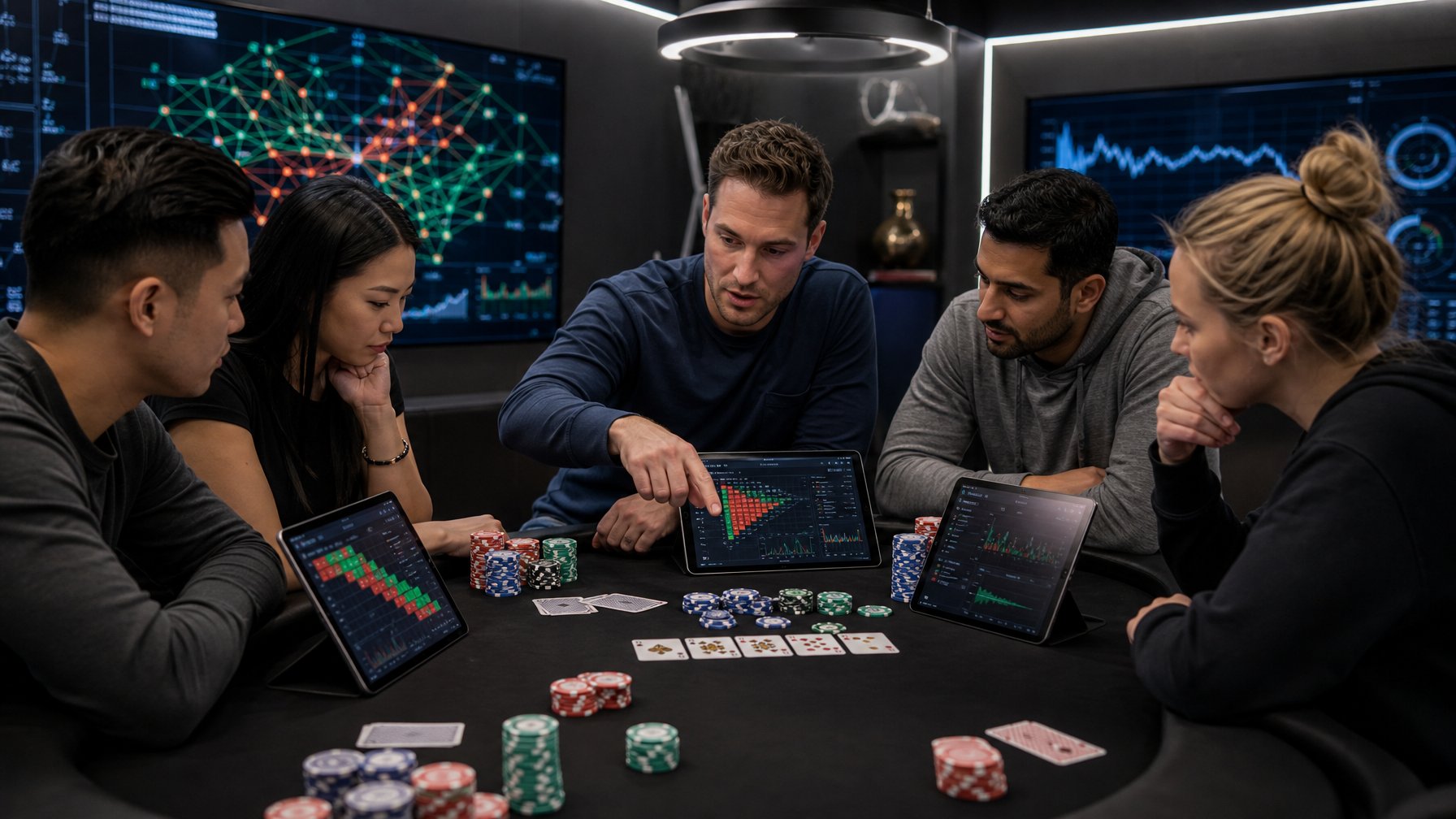 Sekelompok orang dewasa sedang berdiskusi serius di sekitar meja poker dengan kartu dan chip, menggunakan tablet untuk menganalisis strategi permainan.