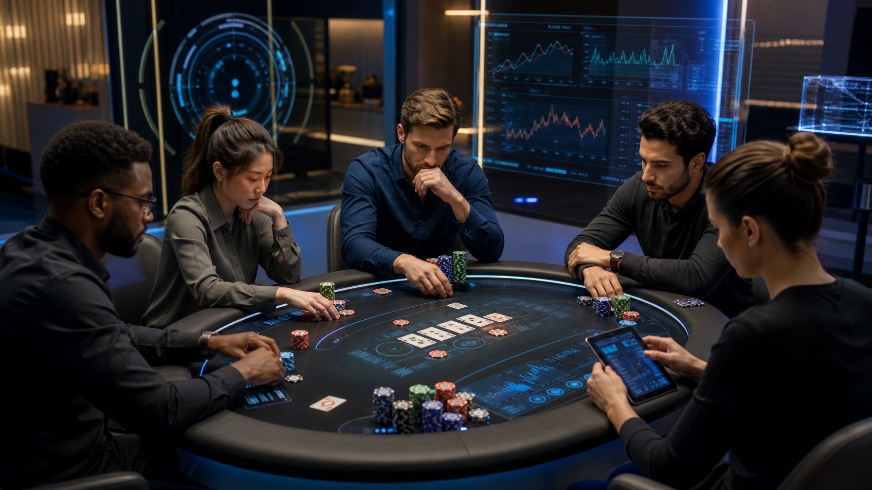 Sekelompok pemain poker serius duduk di sekitar meja poker modern dengan perangkat digital dan grafik strategi yang terlihat, menunjukkan suasana permainan poker yang fokus dan canggih.