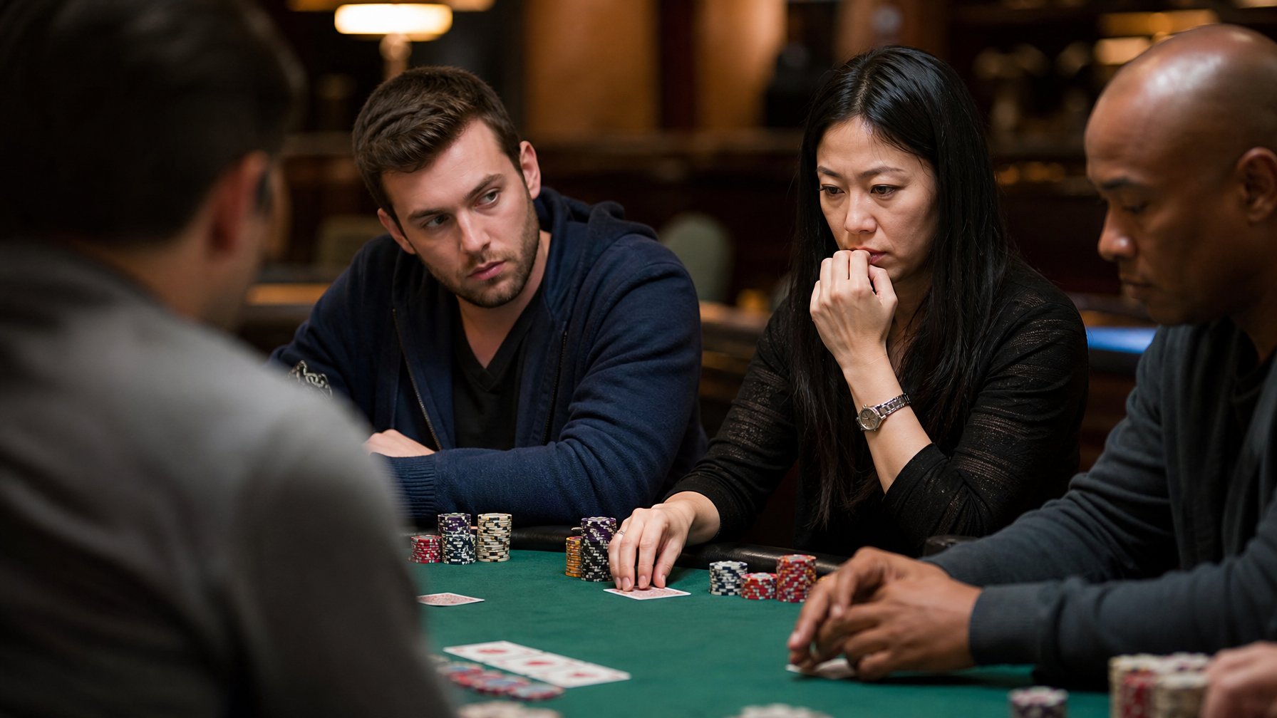 Beberapa pemain poker sedang duduk di meja bermain, saling memperhatikan gerak-gerik satu sama lain dengan ekspresi serius.