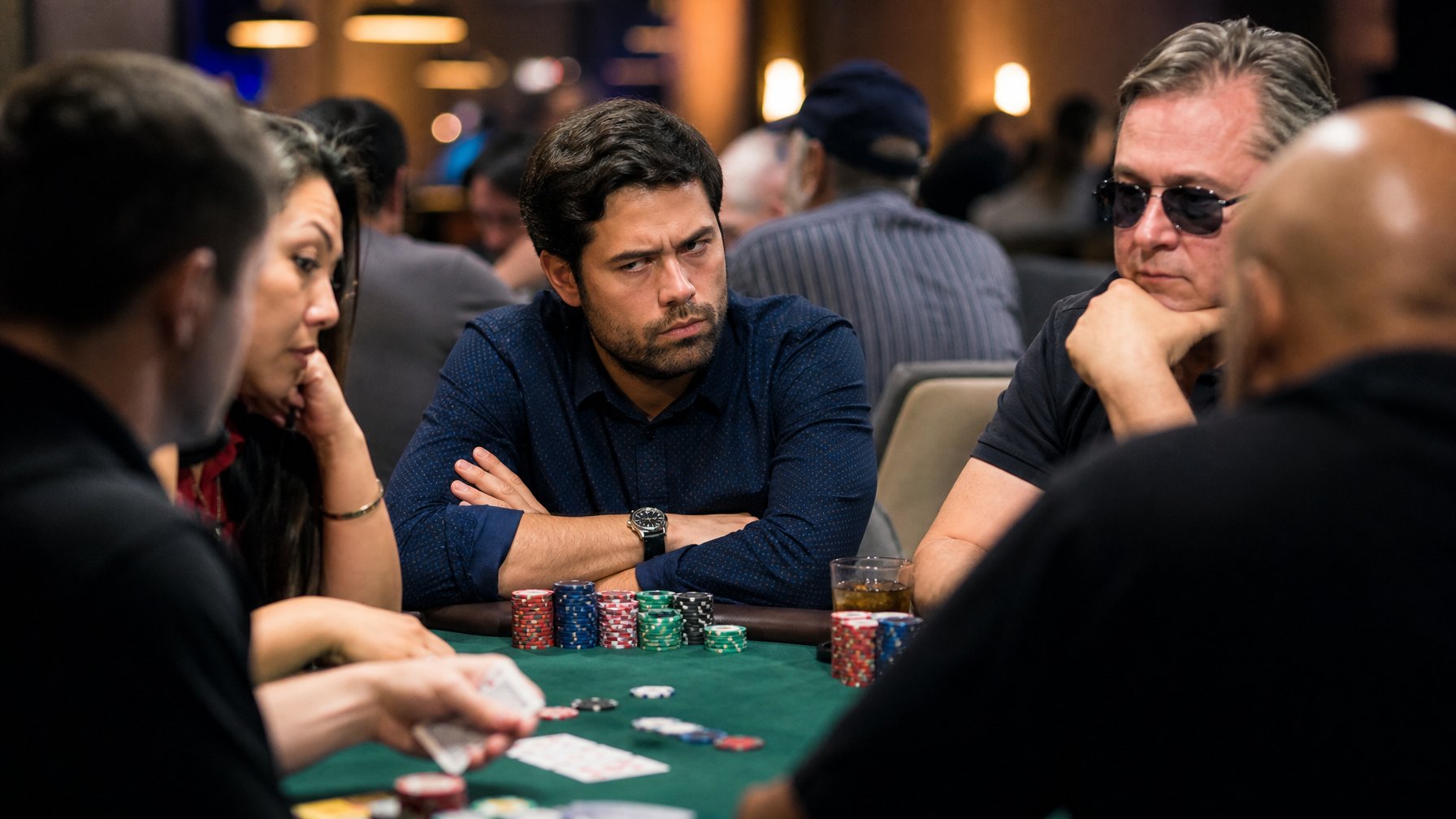 Sekelompok orang sedang duduk di meja poker, satu pemain menunjukkan bahasa tubuh serius dan fokus.