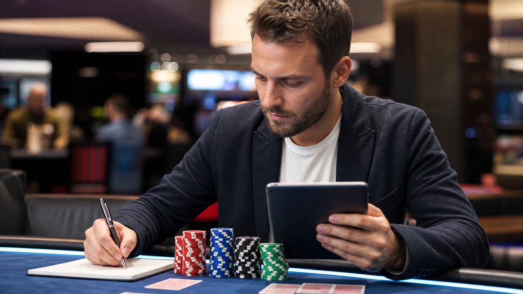 Seorang pemain poker sedang fokus mengatur chip dan mencatat taruhan di meja poker dalam suasana kasino.