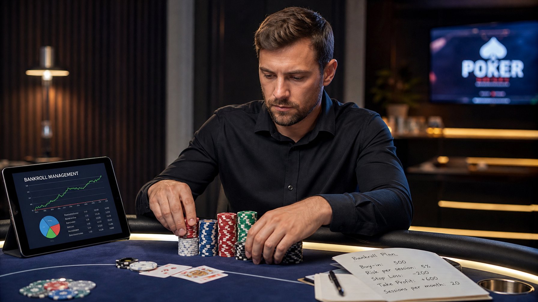 Seorang pemain poker sedang mengatur tumpukan chip di meja poker dengan fokus di ruang poker yang terang.