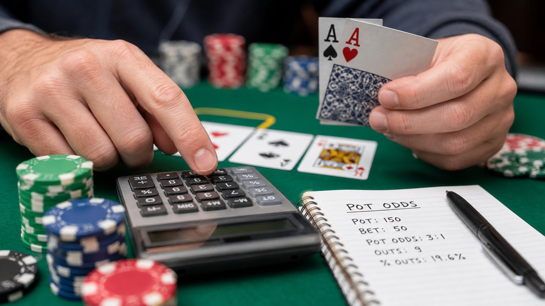 Tangan seseorang sedang menghitung menggunakan kalkulator di atas meja poker dengan chip dan kartu bermain.
