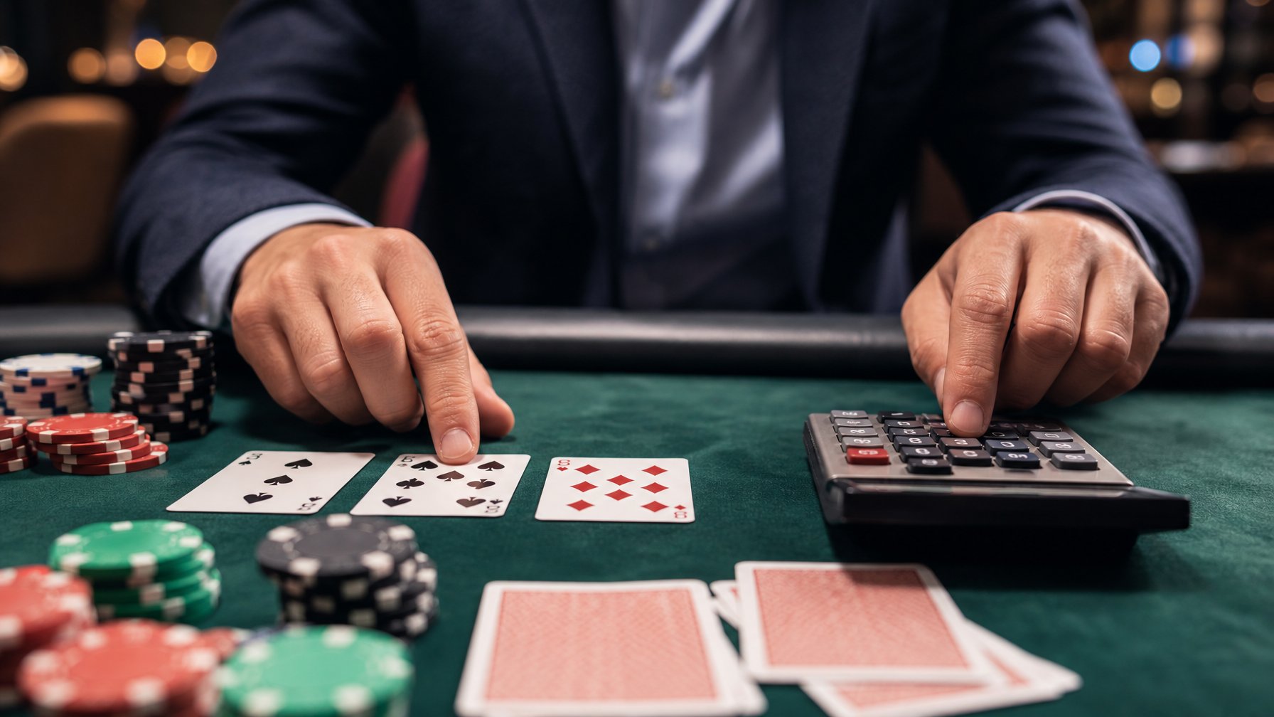 Meja poker dengan tumpukan chip, kartu bermain, dan kalkulator, seseorang sedang menghitung peluang dalam permainan poker.