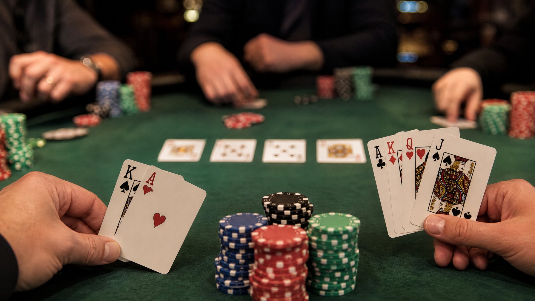 Meja poker dengan dua tangan kartu berbeda, satu dengan dua kartu dan satu dengan empat kartu, tumpukan chip poker, dan kartu komunitas di tengah meja.