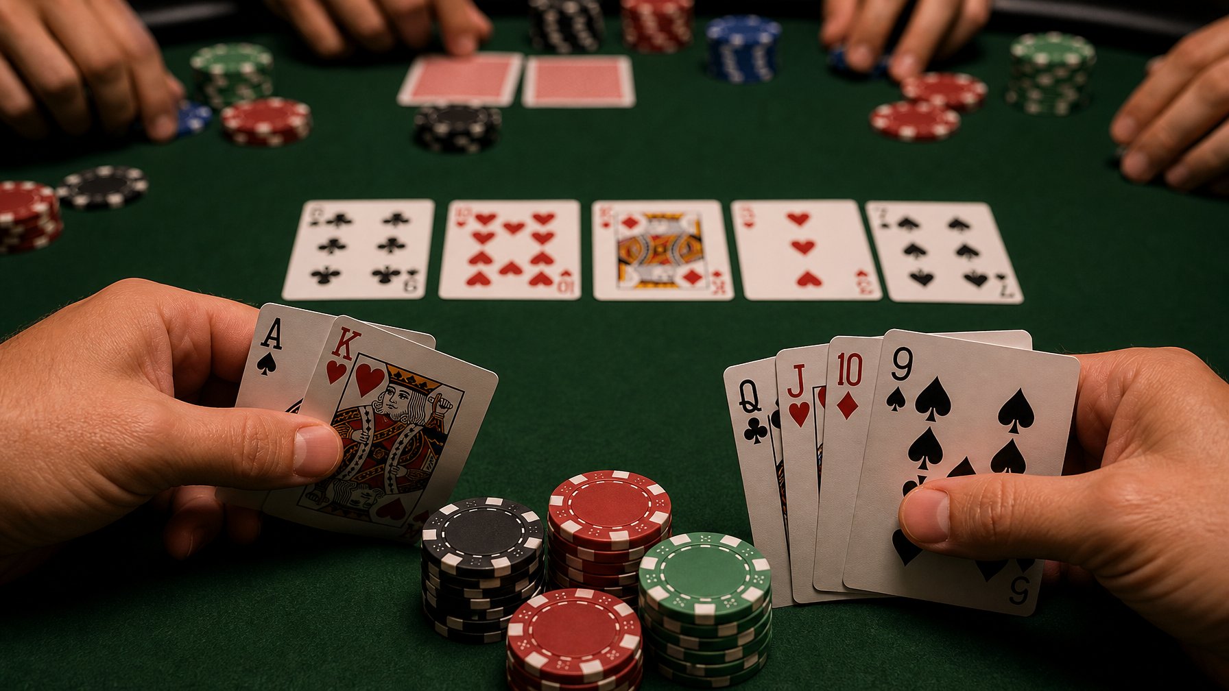 Meja poker dengan dua permainan poker Texas Hold'em dan Omaha High sedang berlangsung, menampilkan kartu dan chip poker di atas meja.