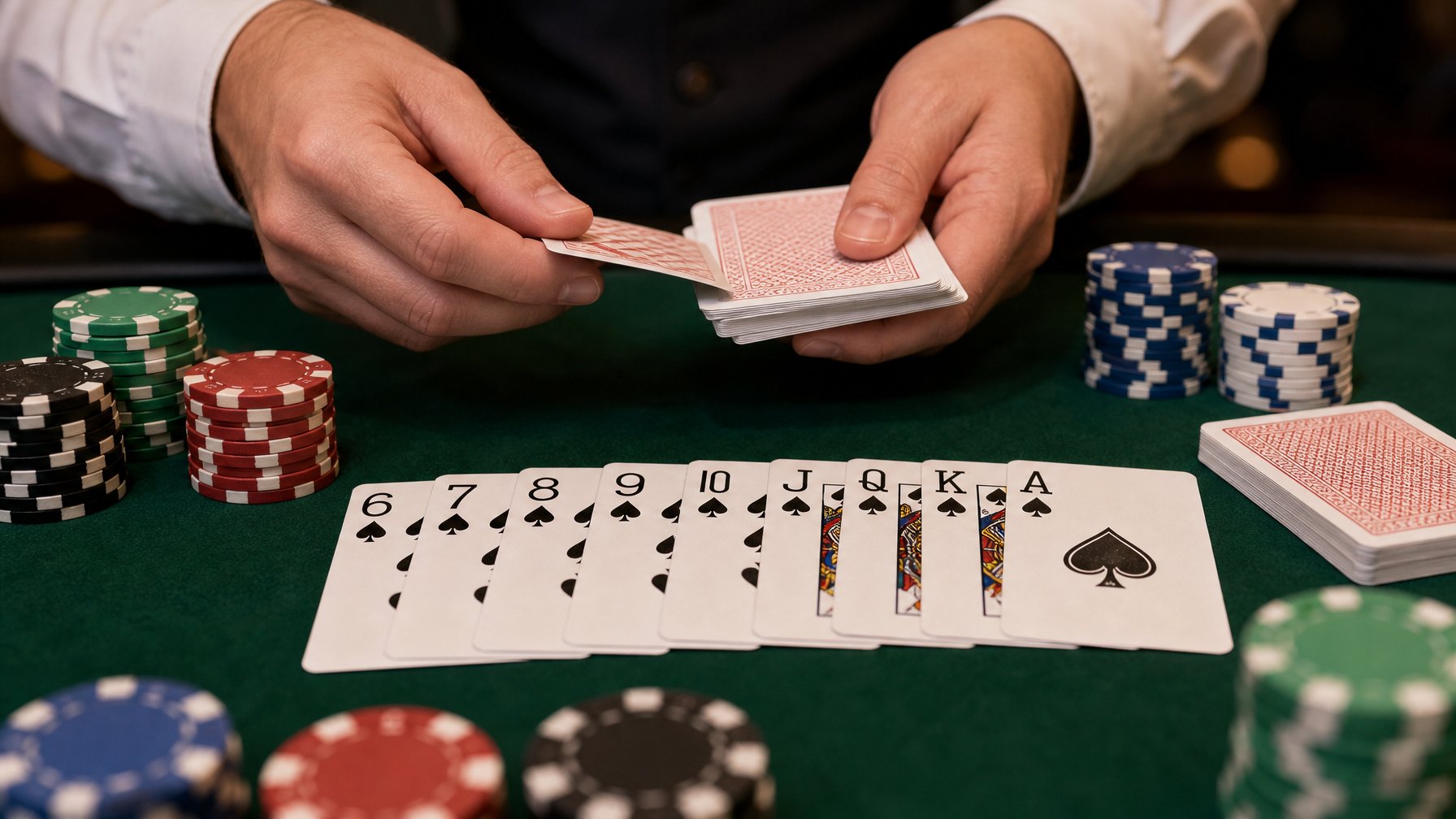 Meja poker dengan tumpukan chip dan kartu yang sedang dibagikan, menunjukkan permainan Short Deck Poker untuk pemula.