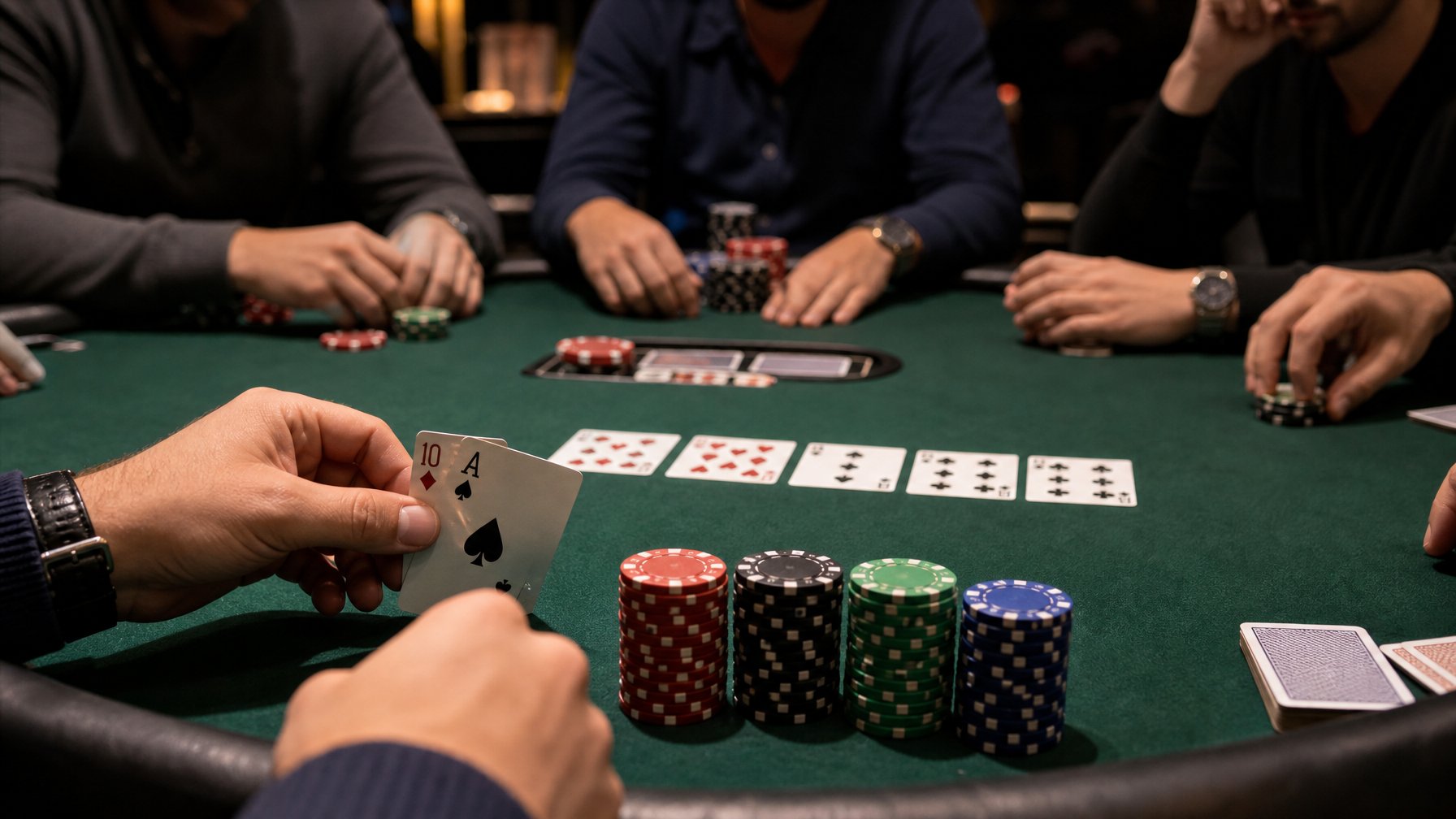 Meja poker dengan tumpukan chip dan kartu yang sedang dimainkan oleh beberapa pemain.
