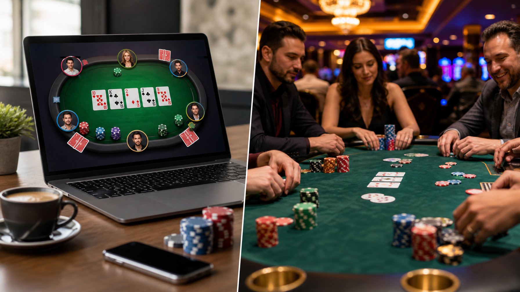 Gambar yang menunjukkan perbandingan antara bermain poker online di laptop dan bermain poker di kasino dengan meja hijau dan pemain.