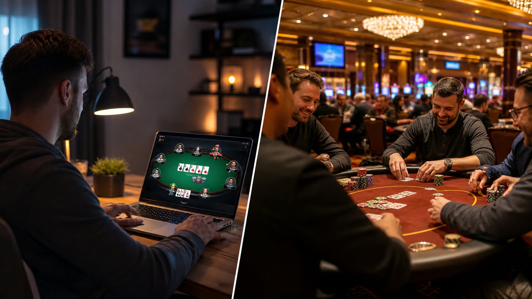Seseorang bermain poker online di rumah menggunakan laptop, dan sekelompok orang bermain poker di meja kasino darat.