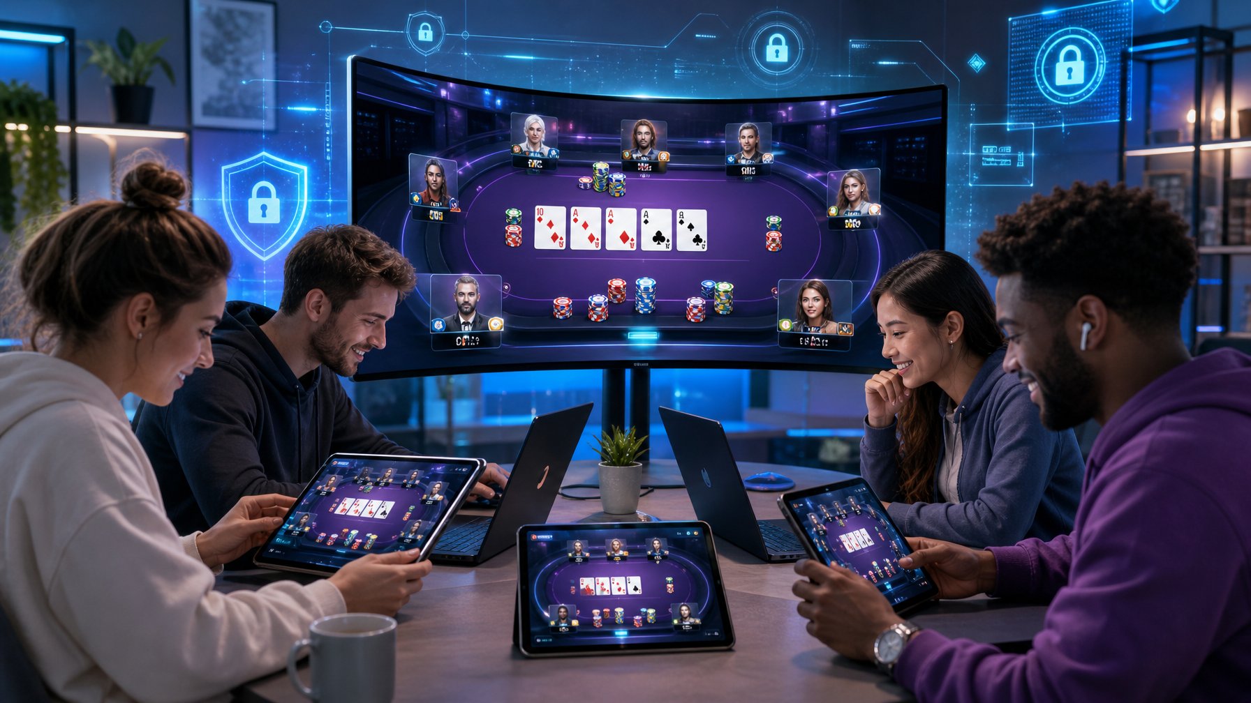 Beberapa orang muda bermain poker online di depan komputer dengan latar belakang simbol keamanan digital.