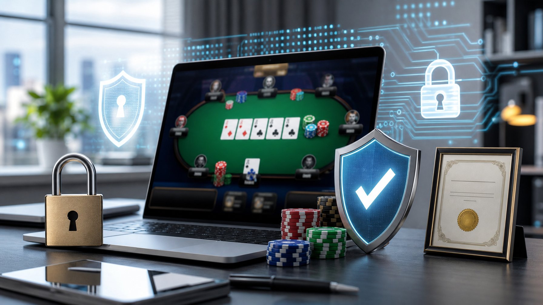 Seorang profesional menggunakan laptop dengan tampilan permainan poker online, dikelilingi simbol keamanan seperti gembok dan perisai di ruang kerja modern.