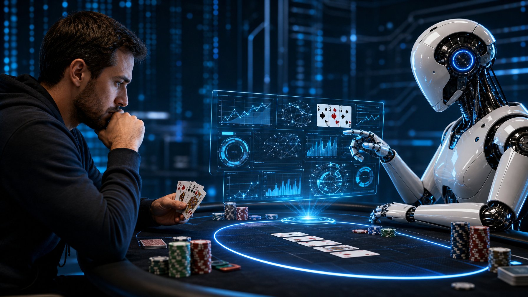 Seorang pemain poker manusia dan robot AI sedang bermain poker di meja dengan tampilan holografik data strategi poker di atas meja.