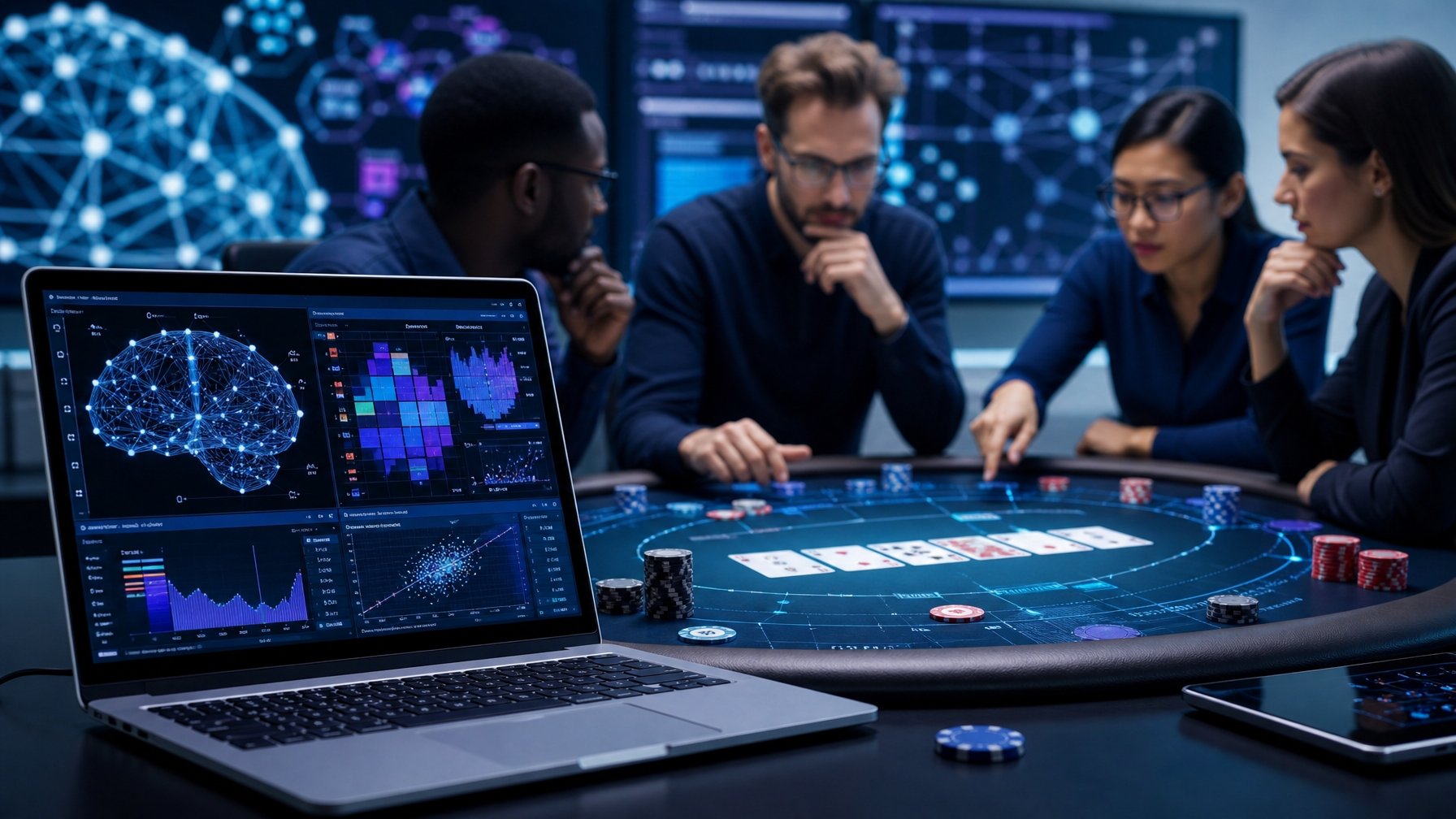 Sebuah ruang kerja modern dengan komputer yang menampilkan data analisis poker dan kartu poker virtual di meja, dikelilingi oleh beberapa orang yang sedang berdiskusi.