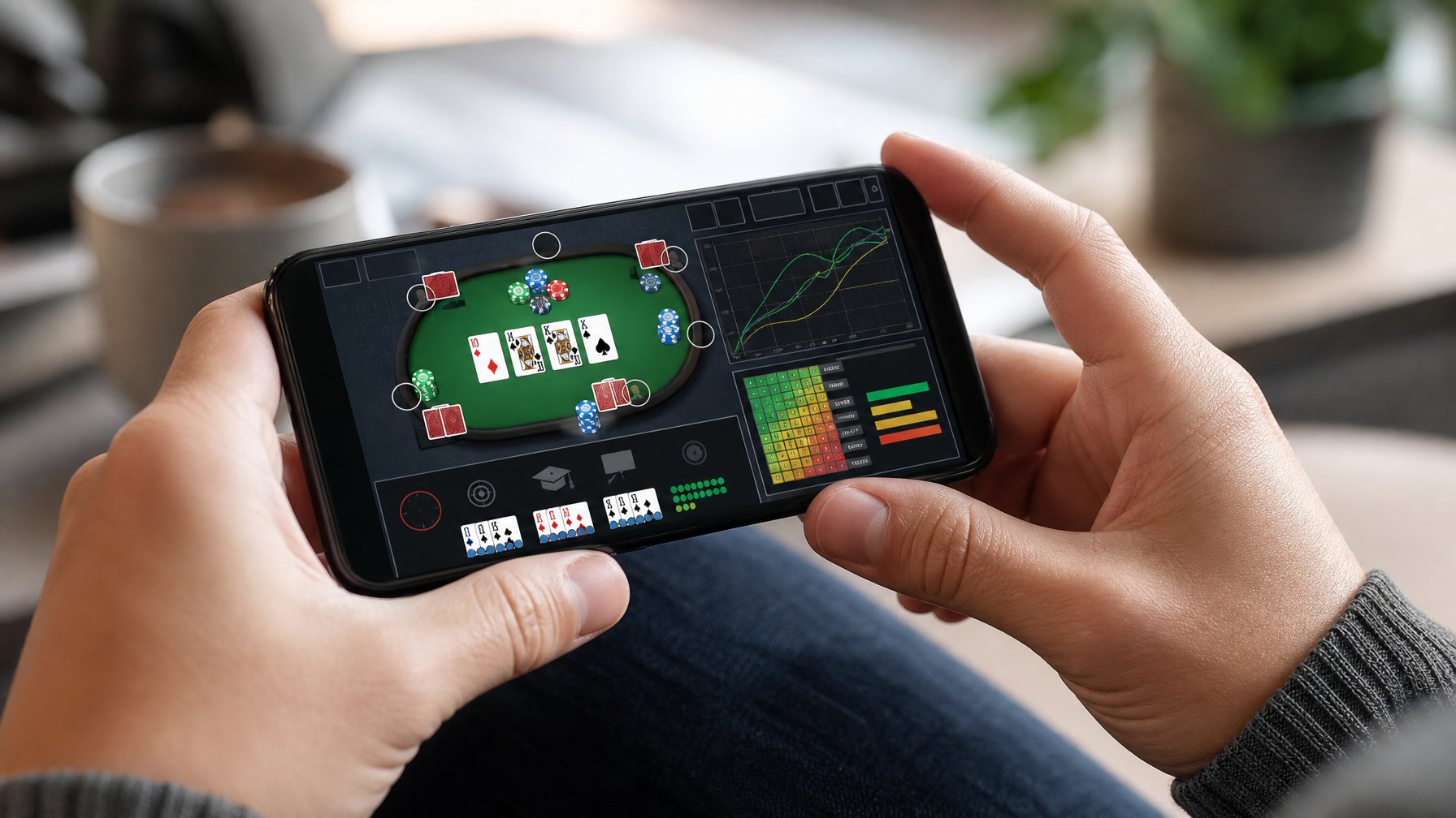Seseorang memegang smartphone yang menampilkan aplikasi pelatihan poker dengan kartu dan chip di layar.