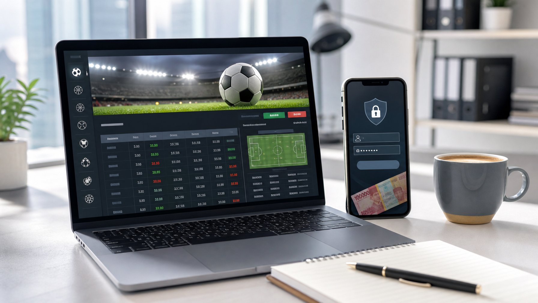 Sebuah ruang kerja modern dengan laptop dan ponsel yang menampilkan antarmuka pendaftaran akun bandar bola, dikelilingi oleh alat tulis dan secangkir kopi.
