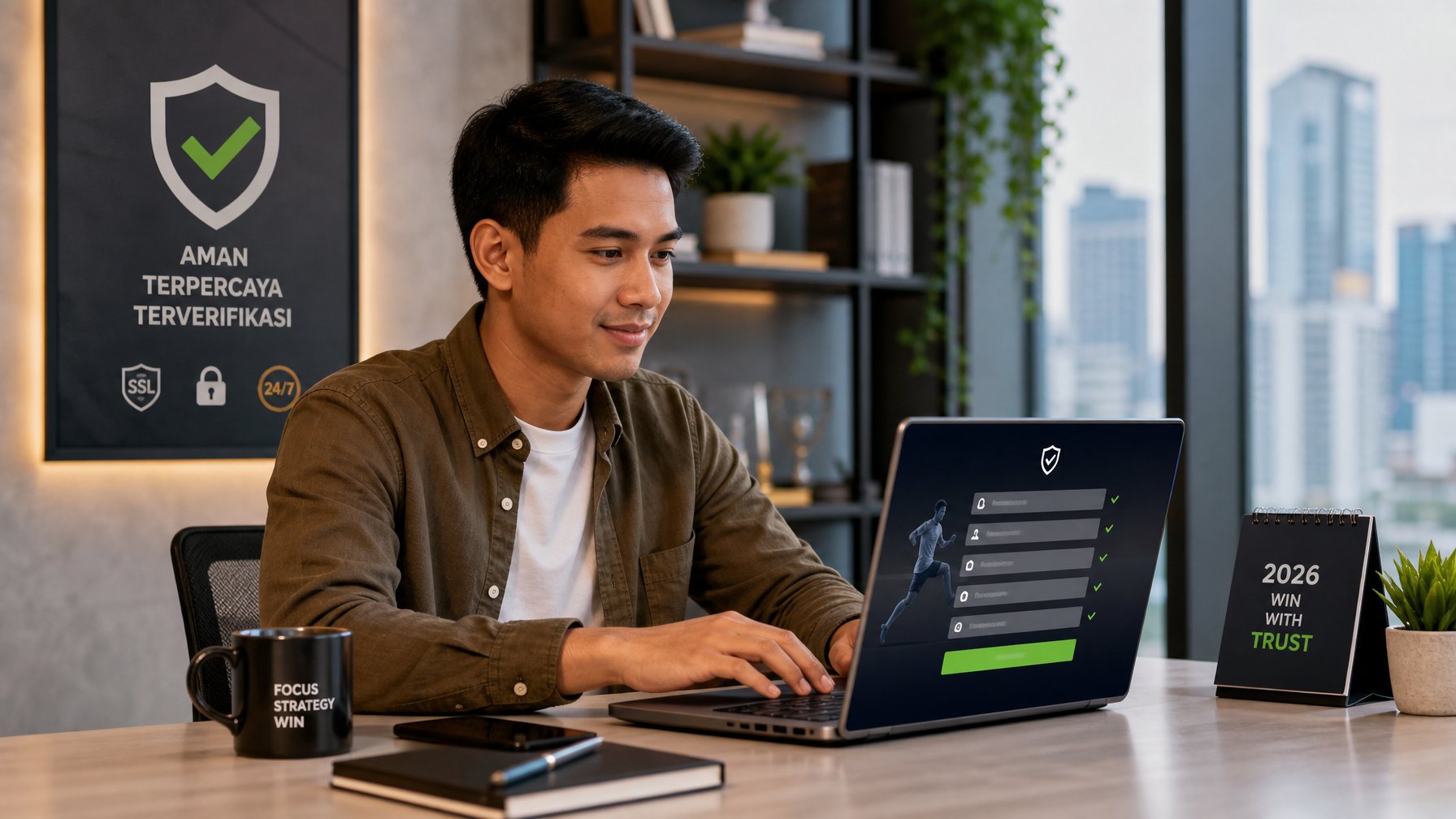 Seorang pria muda di kantor modern sedang mendaftar akun bandar bola menggunakan laptop dengan suasana yang terang dan profesional.