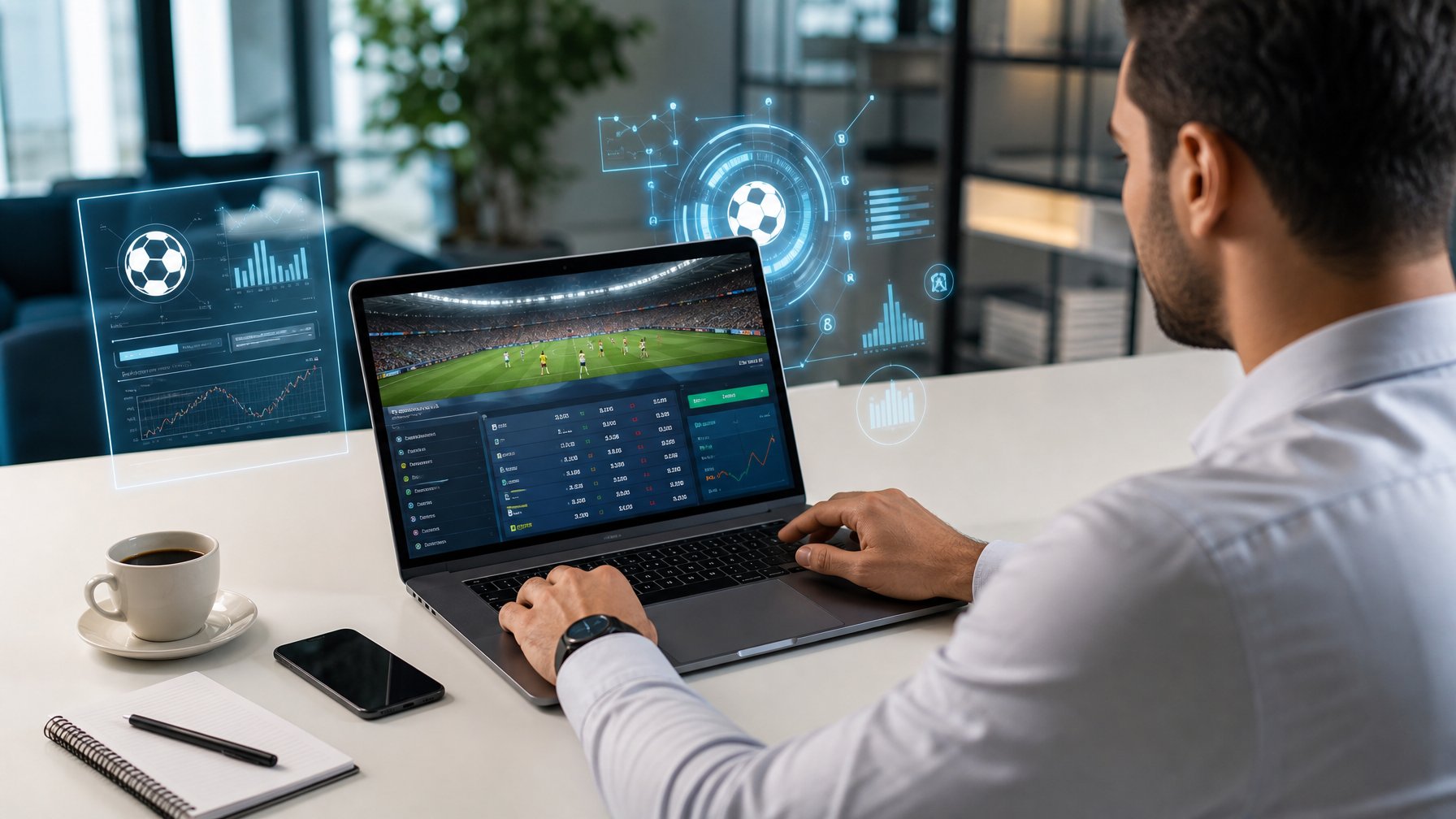 Seseorang menggunakan laptop di meja kerja dengan tampilan situs taruhan bola online, dikelilingi alat tulis dan ponsel di ruang kerja modern.