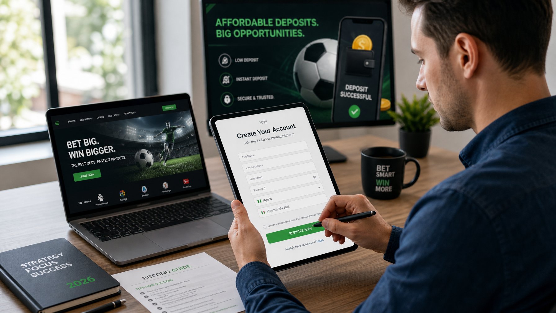 Seorang pria muda sedang mengisi formulir pendaftaran menggunakan tablet di meja kerja dengan laptop dan kopi, di latar belakang terlihat layar komputer dengan simbol terkait taruhan olahraga.