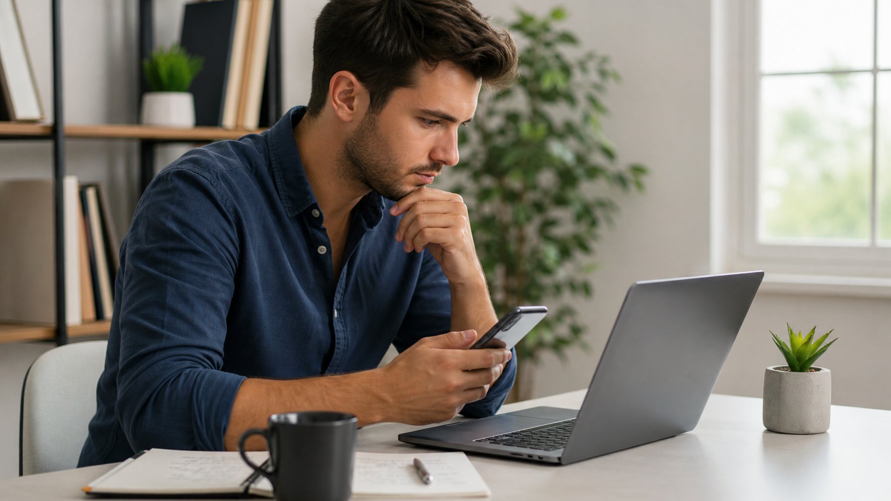 Seorang pria muda duduk di meja kerja modern menggunakan laptop untuk mereset kata sandi, dengan ponsel dan catatan di sekitarnya.