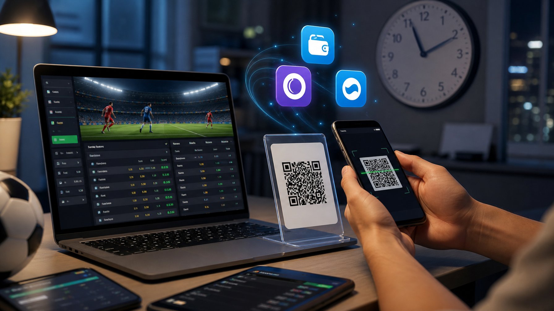 Seseorang memegang ponsel dan memindai kode QR untuk pembayaran digital di depan layar yang menampilkan situs taruhan olahraga online.