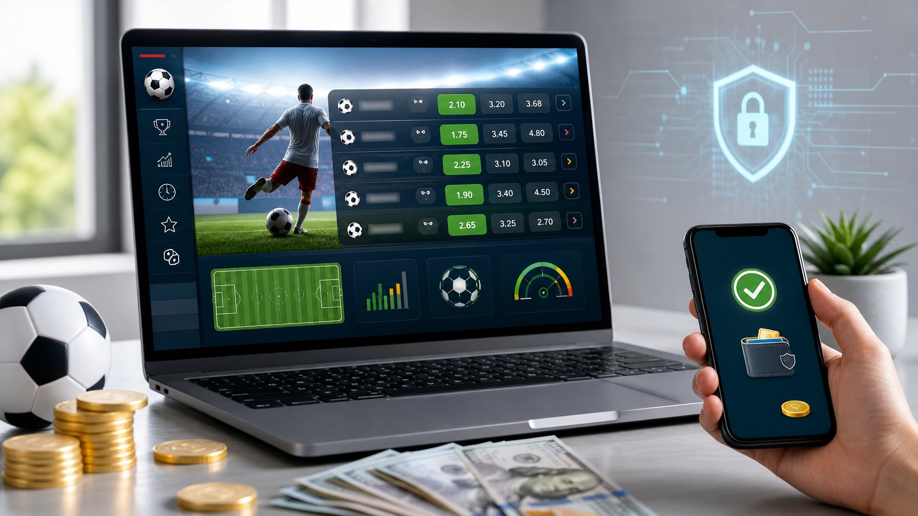 Seorang pengguna sedang melihat situs taruhan bola di laptop dengan ikon sepak bola dan elemen pembayaran digital di meja.