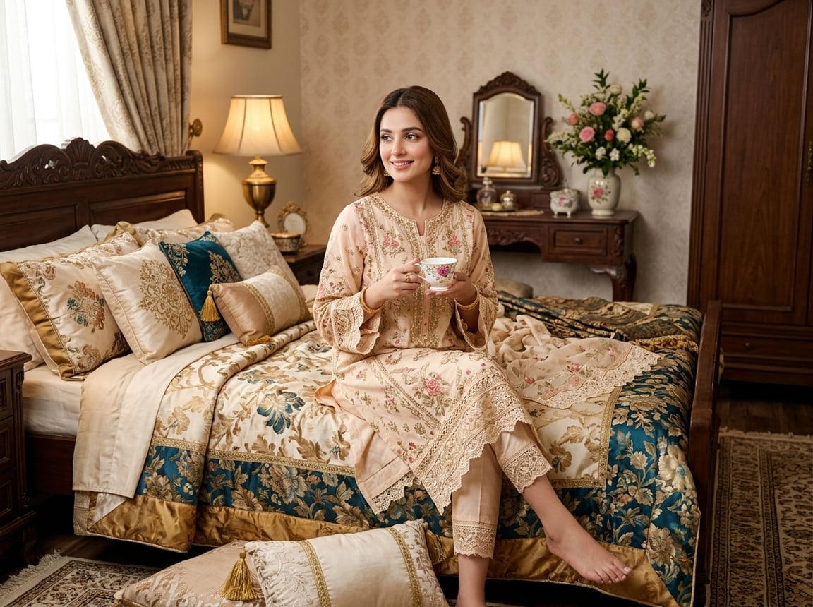 A South Asian bride in elegant traditional nightwear sits gracefully on a plush bed in a beautifully decorated bedroom.