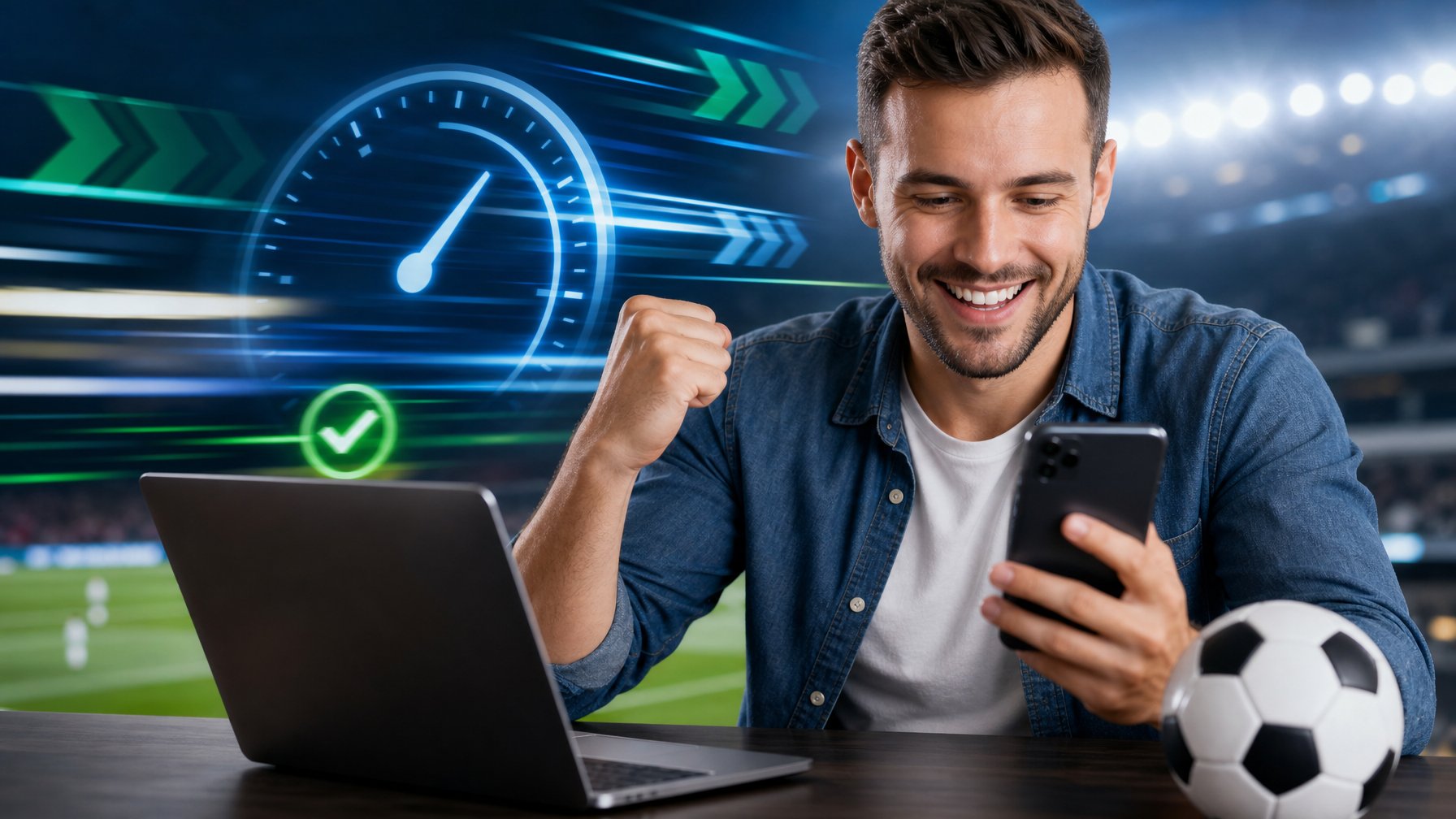 Seorang pengguna menggunakan smartphone untuk melakukan transaksi cepat di platform taruhan bola online dengan latar belakang elemen digital yang menunjukkan kecepatan proses.