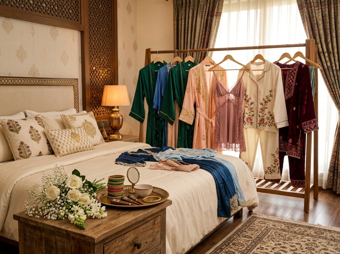 A bedroom scene displaying various styles of bridal nightwear with traditional Pakistani decorative elements and soft lighting.