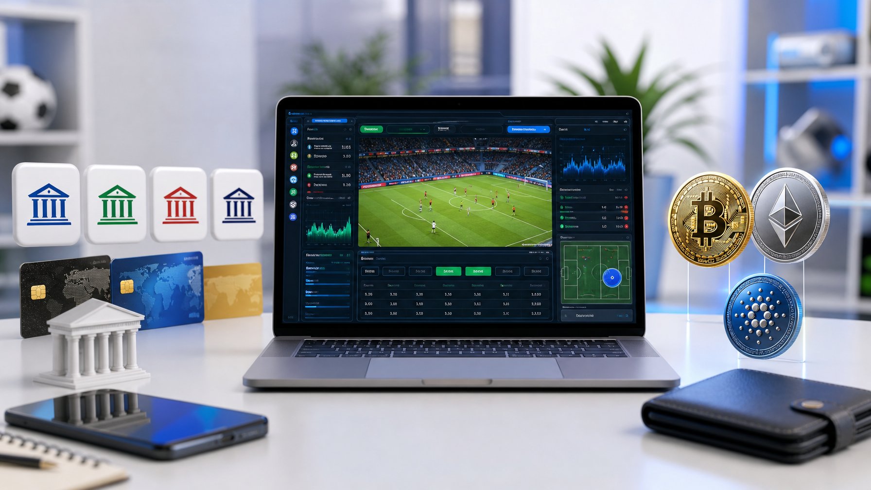 Sebuah meja kerja modern dengan laptop yang menampilkan antarmuka taruhan sepak bola dan ikon pembayaran bank lokal serta mata uang kripto di sekitarnya.