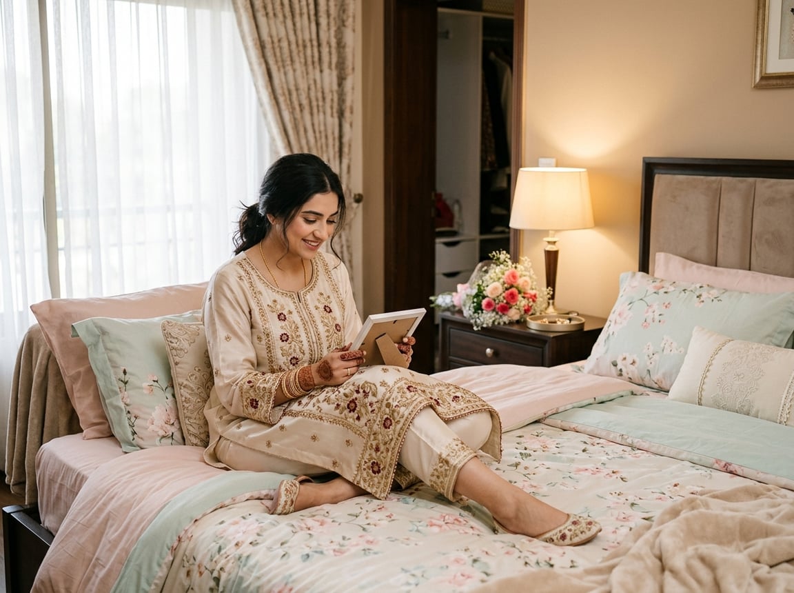 A South Asian bride in traditional embroidered nightwear sitting on a bed in a softly lit bedroom decorated with flowers and wedding keepsakes.