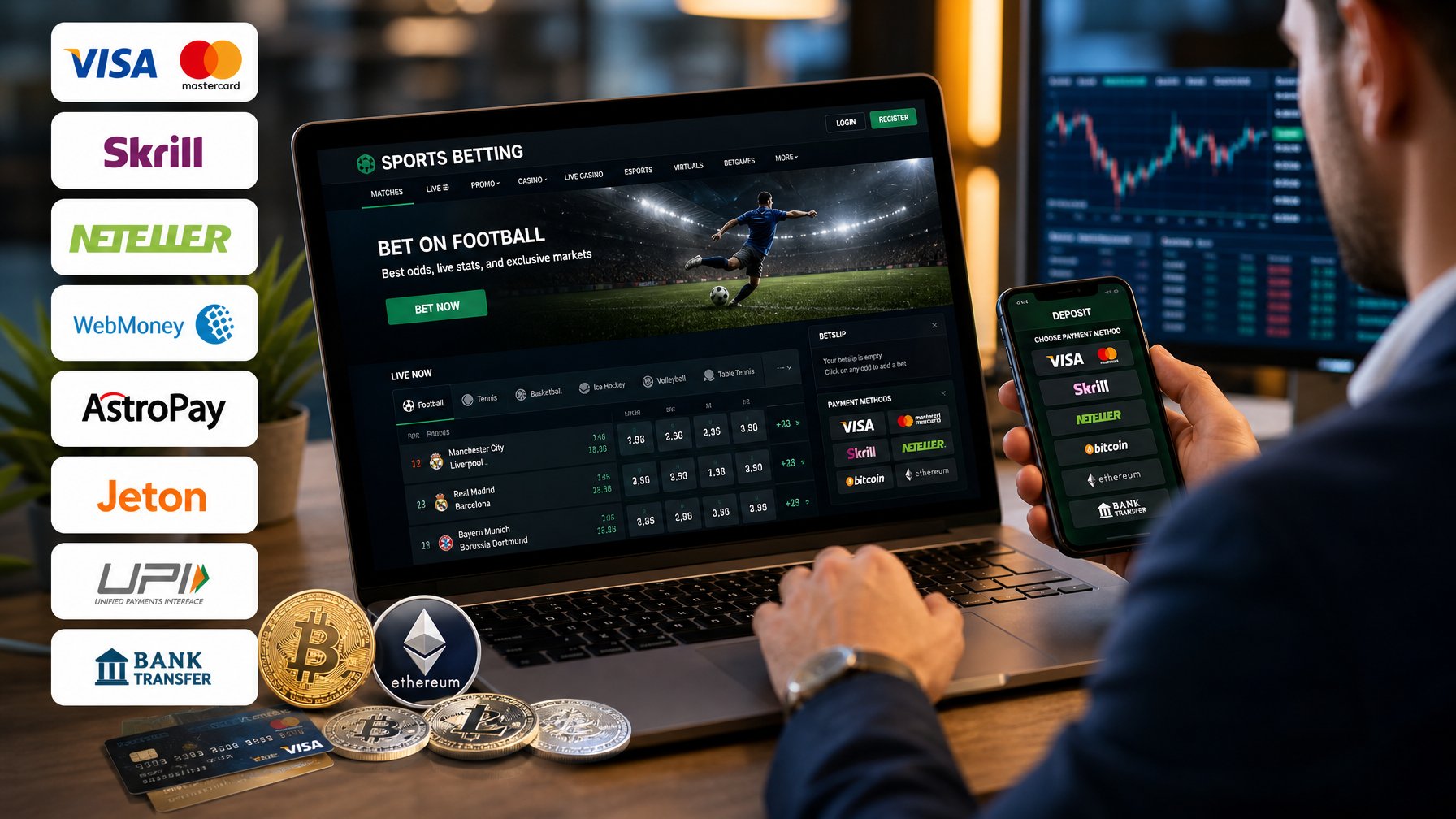 Seorang pria menggunakan laptop dengan ikon metode pembayaran bank lokal dan cryptocurrency di sekitarnya.