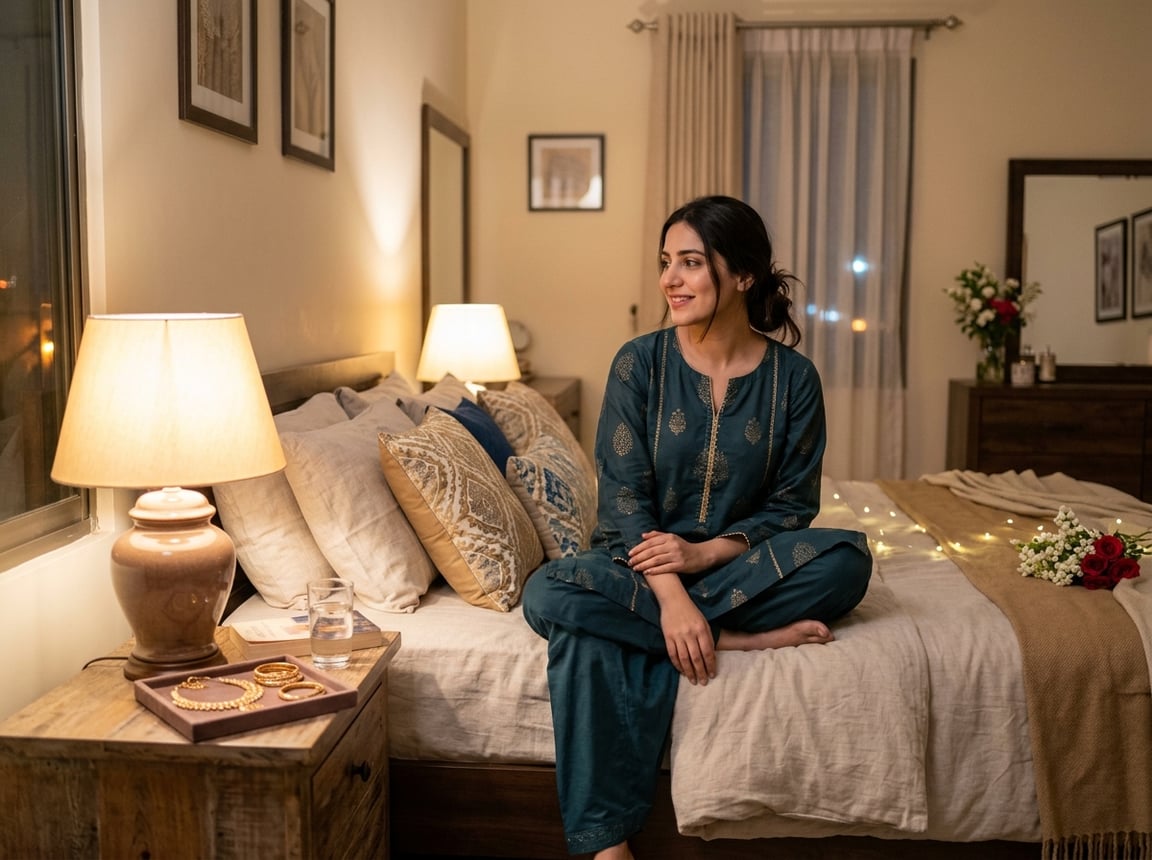 A bride in elegant, comfortable nightwear sitting on a bed in a softly lit bedroom with bridal accessories nearby.