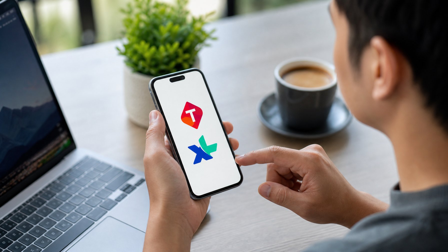 Seorang dewasa muda menggunakan ponsel di meja dengan laptop dan kopi, menunjukkan transaksi pulsa Telkomsel dan XL.