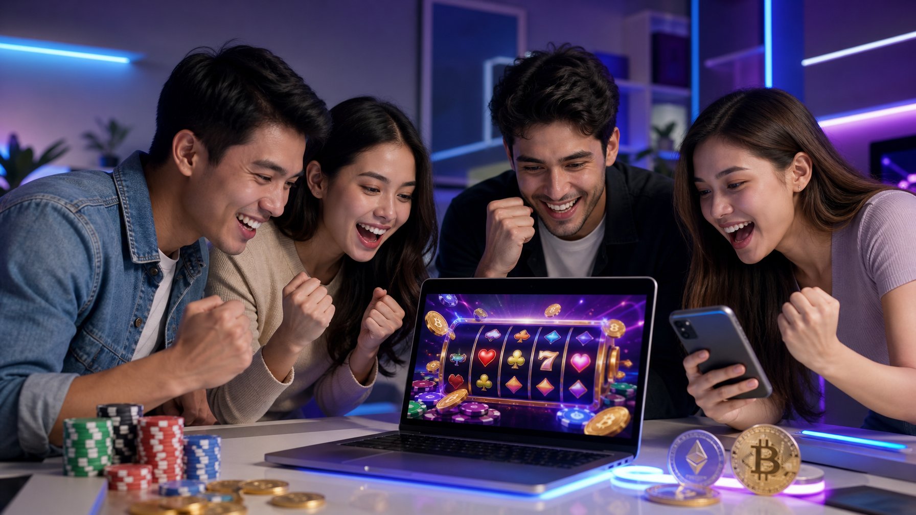 Orang-orang muda sedang menggunakan perangkat digital untuk bermain kasino online dengan suasana ceria dan modern.
