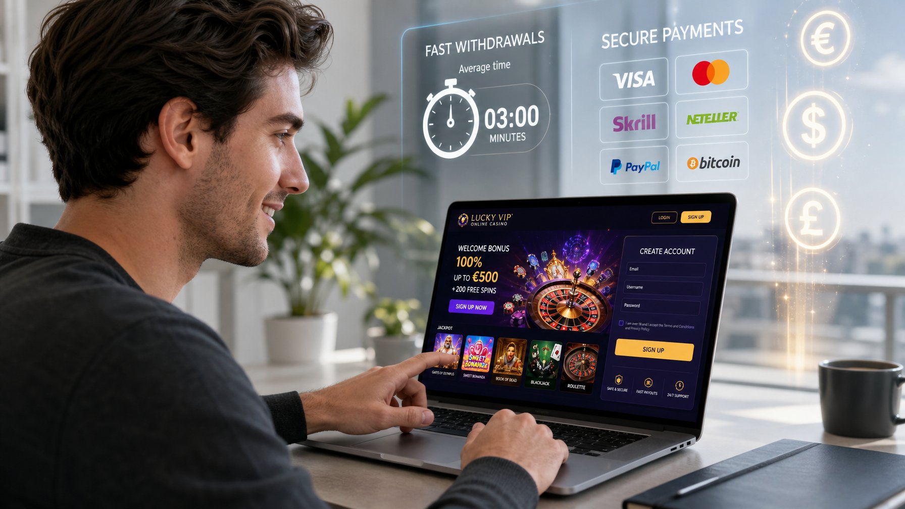 Seorang dewasa muda duduk di depan laptop dengan antarmuka kasino online yang futuristik, menunjukkan proses pendaftaran dan penarikan dana cepat.