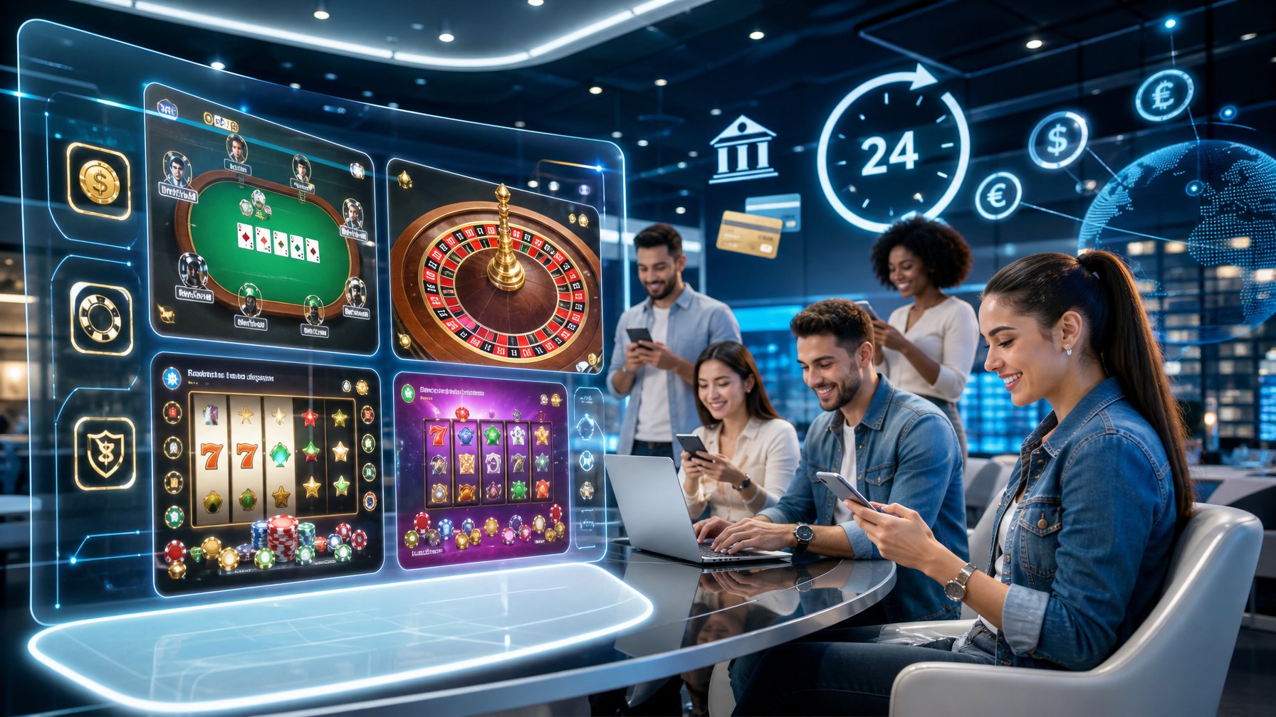 Orang-orang menggunakan perangkat digital untuk bermain permainan kasino online dengan tampilan antarmuka modern dan simbol dukungan bank lokal 24 jam.