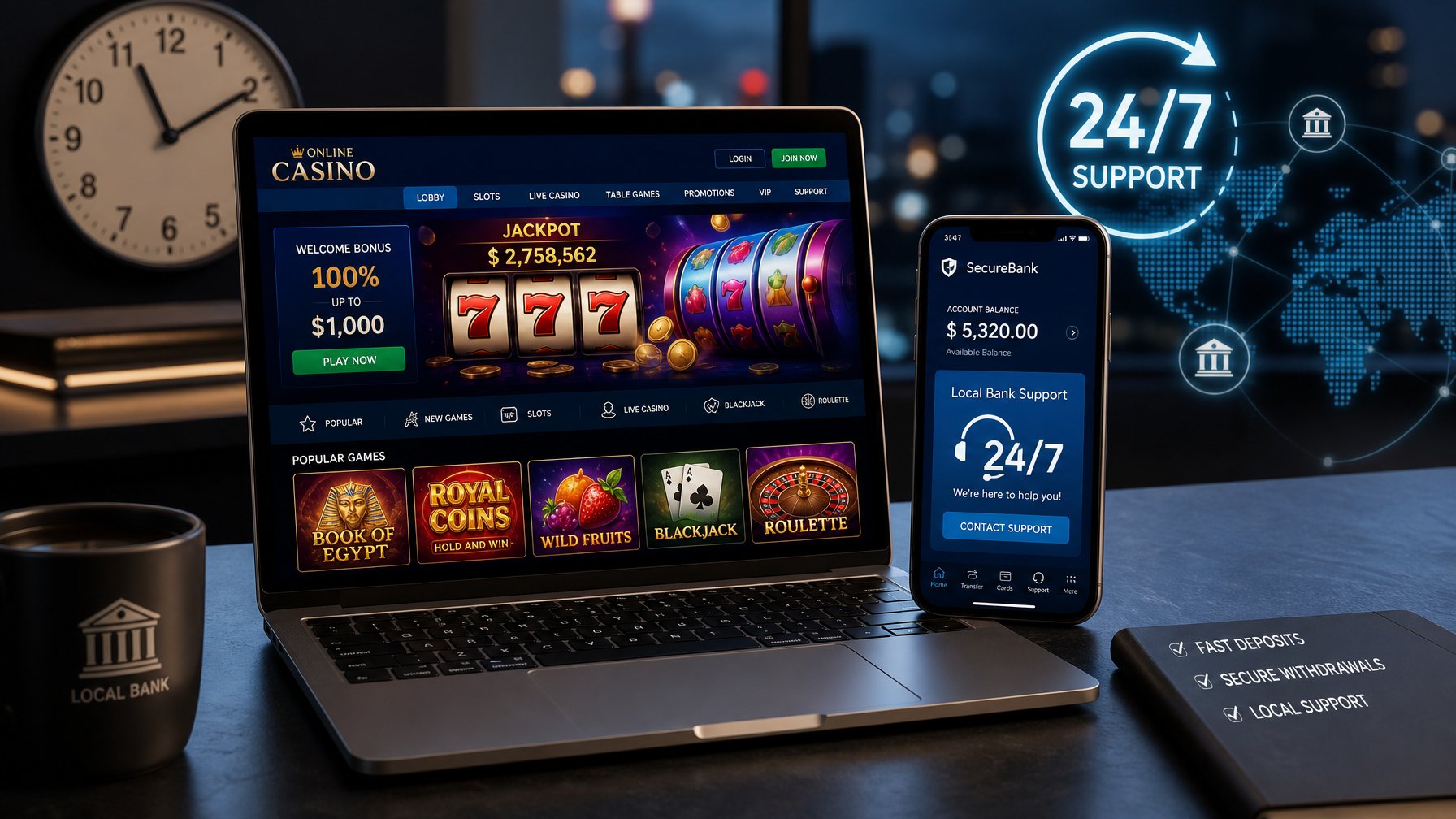 Meja kerja modern dengan laptop menampilkan permainan kasino online dan ponsel dengan aplikasi bank yang menunjukkan dukungan 24 jam.