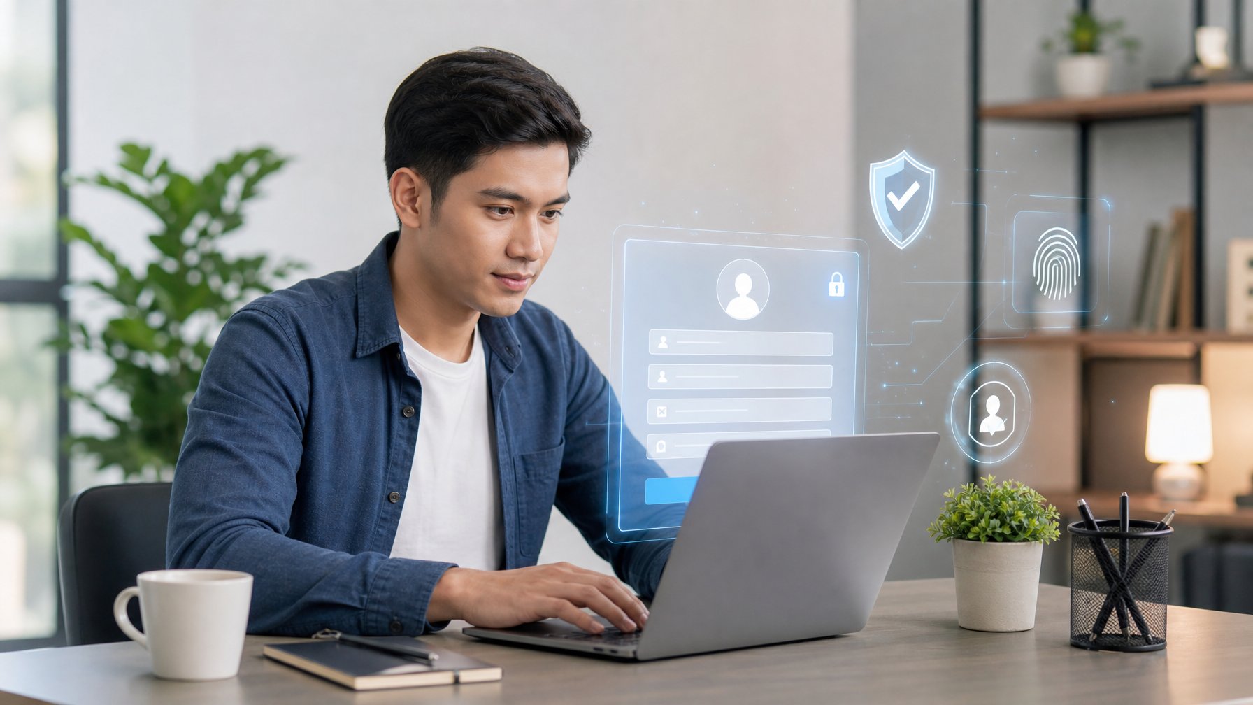 Seorang dewasa muda sedang duduk di meja dengan laptop, mengisi formulir pendaftaran online di ruangan kantor rumah yang terang dan rapi.