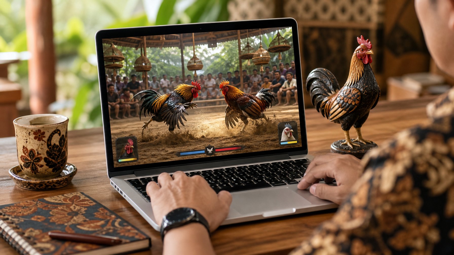 Seseorang menggunakan laptop dengan tampilan permainan sabung ayam online di meja kerja yang rapi dengan hiasan tradisional Indonesia.
