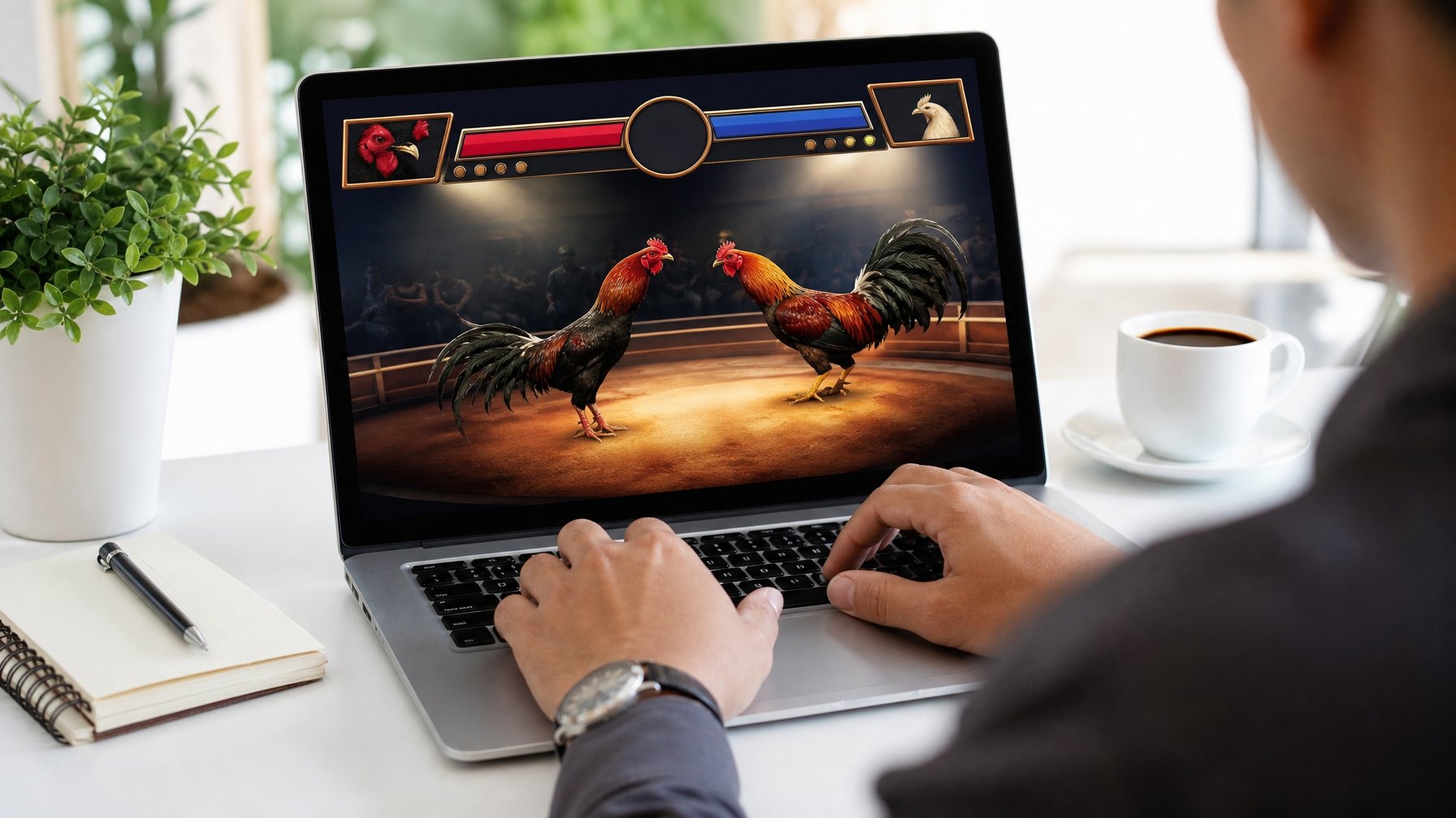 Seseorang menggunakan laptop di meja kerja dengan latar belakang yang terang, menampilkan antarmuka digital bertema sabung ayam.