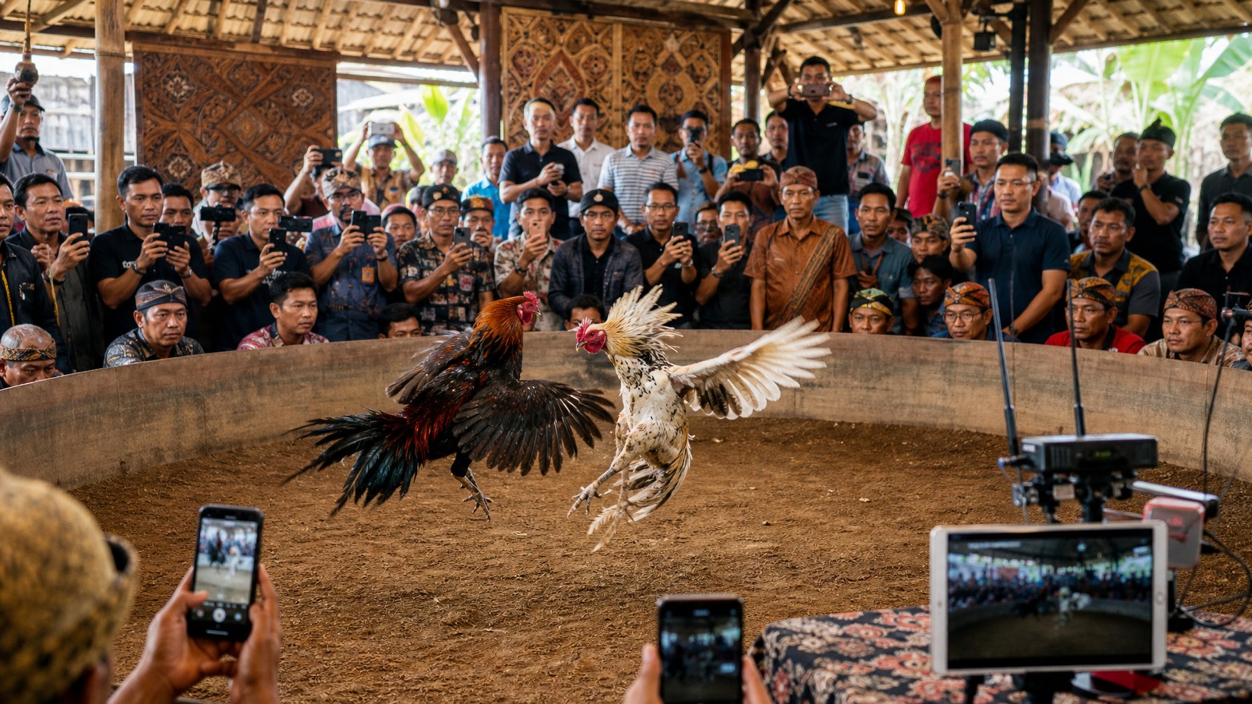 Dua ayam jago sedang bertarung di arena tradisional dengan penonton yang menyaksikan dan menggunakan perangkat digital untuk menyiarkan langsung.