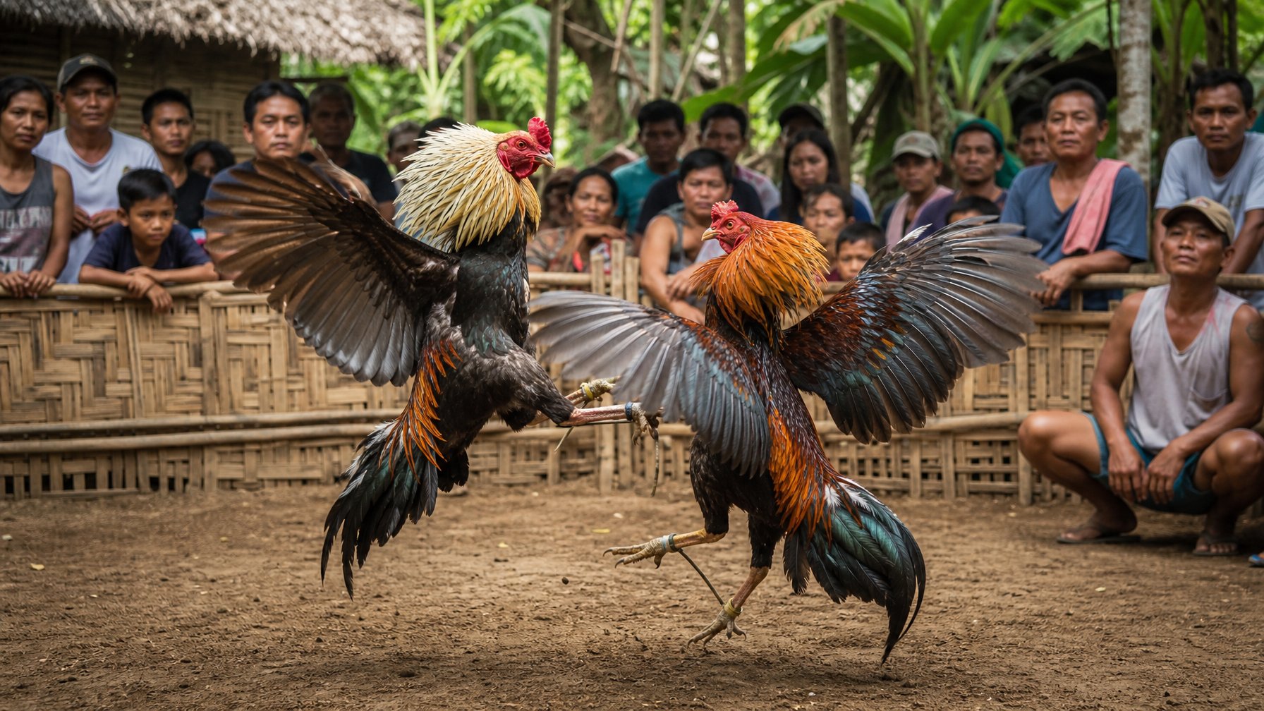 Dua ayam jago sedang bertarung di arena tradisional dengan penonton yang memperhatikan di latar belakang.