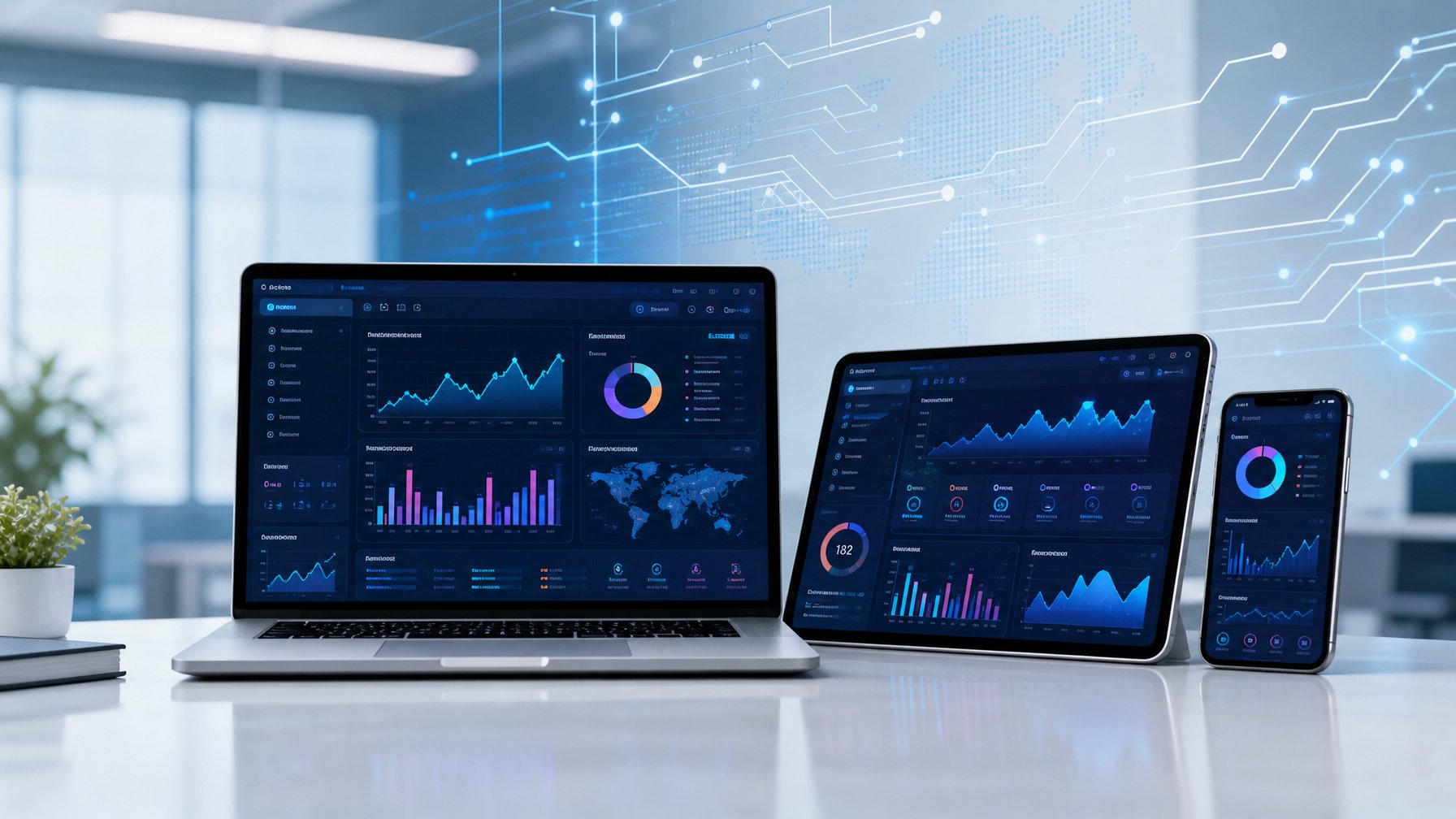 Beberapa perangkat digital menampilkan antarmuka platform dengan grafik dan dasbor di lingkungan kantor modern.